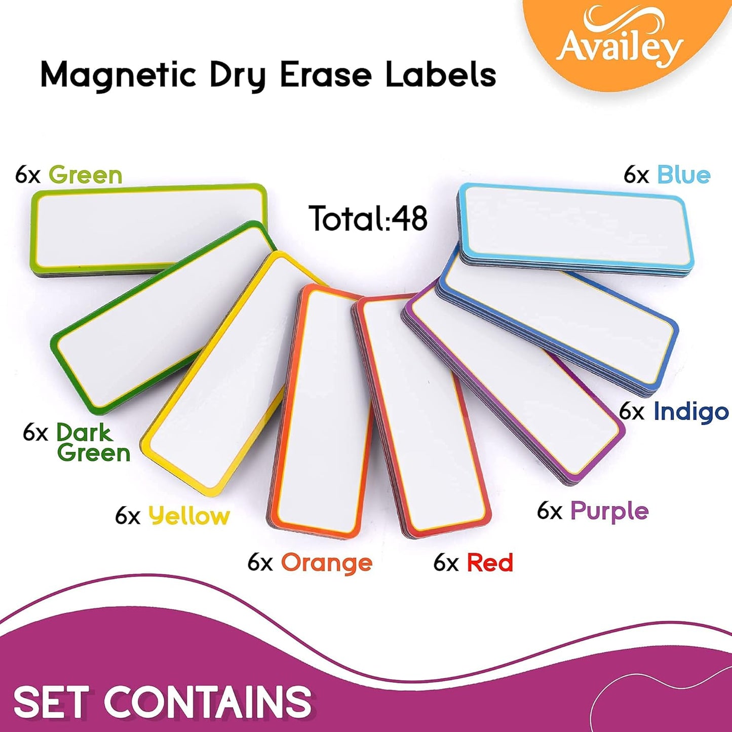 Availey 48 Pieces (3.2 x 1.2") - Colored Border Magnetic Dry Erase Labels - Reusable Strips for Classroom Home Office Garage Refrigerator Blank Writable Erasable Cards Name Tags Students Locker Shelf