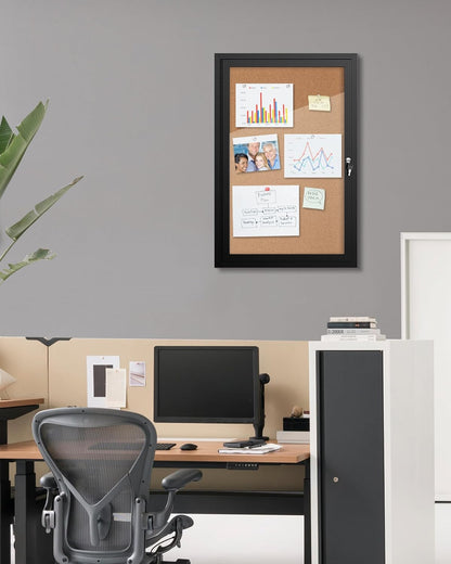 36"x24" Enclosed Bulletin Board, Outdoor Lockable Weather-Resistant Aluminum Cork Noticeboard for School & Office Hospital, Black Frame w/Cork