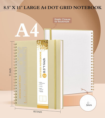 Dotted Notebook, Spiral Notebook Journal 8.5” x 11”, A4 Large Dot Grid Notebooks for Women Men, 100 GSM Dotted Paper, Plastic Hardcover Spiral Bullet Journals for Work School Sketching, Yellow