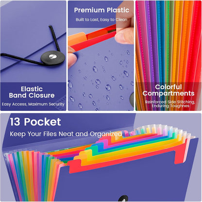 13 Pocket Accordion File Organizer with Elastic Closure, Expanding File Folder for Letter Size A4 Papers, Ideal for Home, Office Supplies, College Essentials - BluePurple