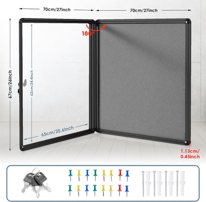 Enclosed Bulletin Board Lockable Display Case Message Board with Locking Door for Indoor, Grey Felt, Black Aluminum Frame, 28 X 26 in