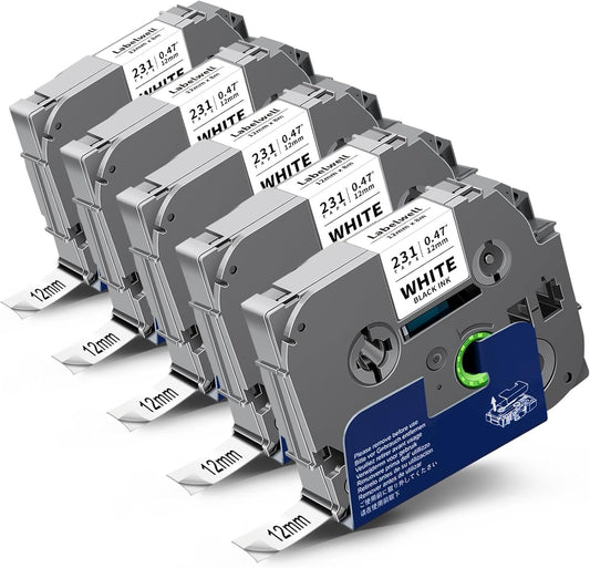 TZe TZ Tape 12mm 0.47 Inch Label Maker Tape Laminated White Compatible for TZe 12mm Tape Refills for P Touch PT-H110 D210 D220 D400 D600 (Black on White, 5-Pack)