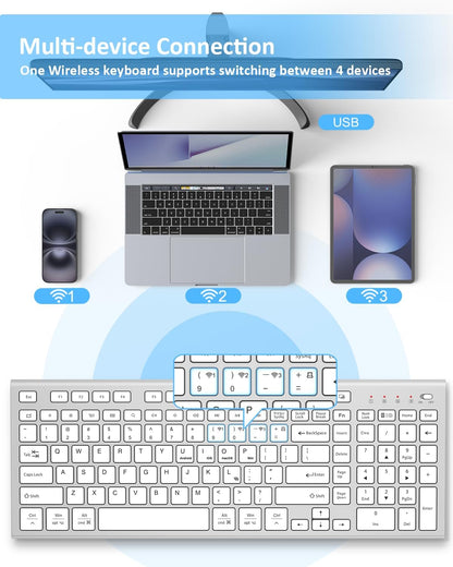 FENIFOX Wireless Keyboard, Bluetooth + USB Ergonomic Silent Quiet Rechargeable with Number Pad Compact Full Size Multi Device Keyboards for iPad Tablet Mac Computer Surface PC MacBook Laptop Silver