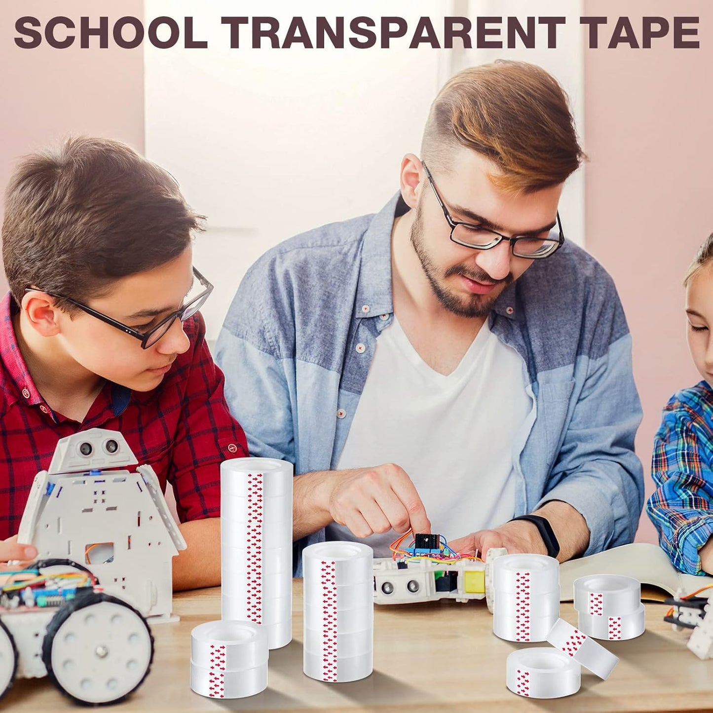 Pasimy 96 Rolls Clear Tape Bulk Strong Sticky Transparent Tape Refills for Dispenser, Office, Home, School, Wall, Carpet, 3/4 x 1000 Inches(Red)