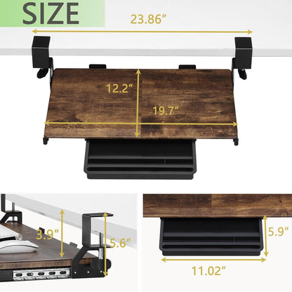 ETHU Keyboard Tray Under Desk, 19.7" X 12.2" Small Size C Clamp Keyboard Drawer Under Desk, Computer Keyboard Stand Slide Pull Out, Ergonomic Keyboard Tray for Home, Office (Wood)