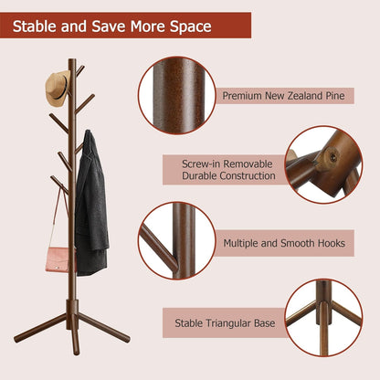 Wooden Coat Rack, Free Standing Coat Rack with 8 Hooks 3 Adjustable Heights for Clothes, Hats, Handbags, Coat Tree Easy Assembly for Entryway, Bedroom, Hallway, Office(2PCS)