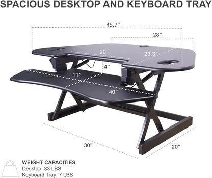 Rocelco 46" Height Adjustable Corner Standing Desk Converter with Dual Monitor Arm Mount Bundle - Sit Stand Up Tabletop Computer Workstation Riser - Extra Large Keyboard Tray - Black (R CADRB-46-MA2)