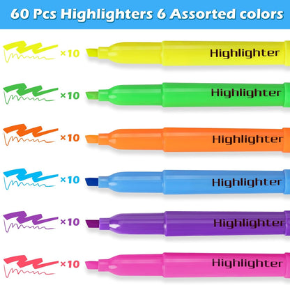 KIZZYEA 60 Pack Highlighters in 6 Assorted Colors, Chisel Tip Dry-Quickly Highlighters Bulk, No Bleed Highlighter Markers for Adult Kids, School Supplies for Teachers, Office Classroom Must Have
