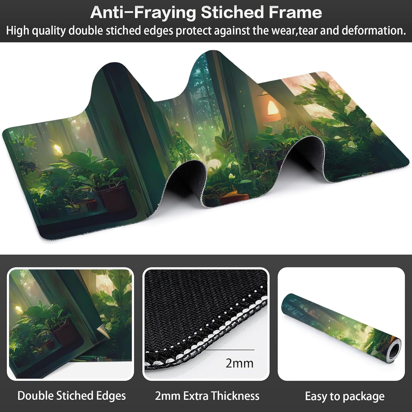 Desk Mat, Cute Lofi Green Extended Large Gaming Mouse Pad XXL, Non-Slip Rubber Base Stitched Edges Waterproof Long Computer Keyboard Desk Pad Mouse Mat for Home Office Gaming 35.4"X15.7"