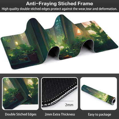 Desk Mat, Cute Lofi Green Extended Large Gaming Mouse Pad XXL, Non-Slip Rubber Base Stitched Edges Waterproof Long Computer Keyboard Desk Pad Mouse Mat for Home Office Gaming 35.4"X15.7"