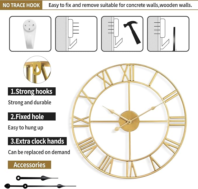 Large Wall Clock - 40cm/ 16 Inches Silent Non-Ticking, Battery Operated, Gold Vintage Decorative Modern Metal Wall Clocks for Living Room, Bedroom, Office, Farmhouse Decor