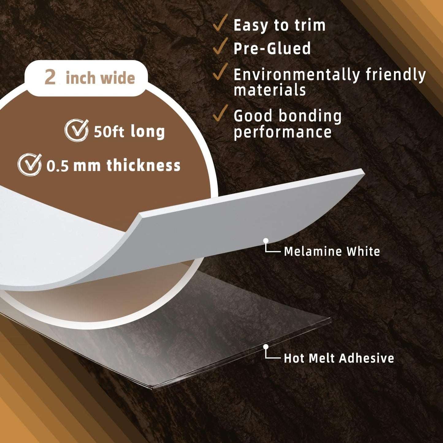 GSCIT Club White Edge Banding, 2 inch x 50ft Melamine Edge Banding with Hot Melt Adhesive Preglued Cabinet Edge Banding Flexible White Veneer Edging