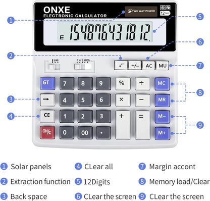 Calculators Desktop,ONXE 12 Digit Large Number LCD Display Office Desk Calculator, Two Way Power Battery and Solar,Big Button Standard Basic 4 Function Basics Calculators for Office Financial