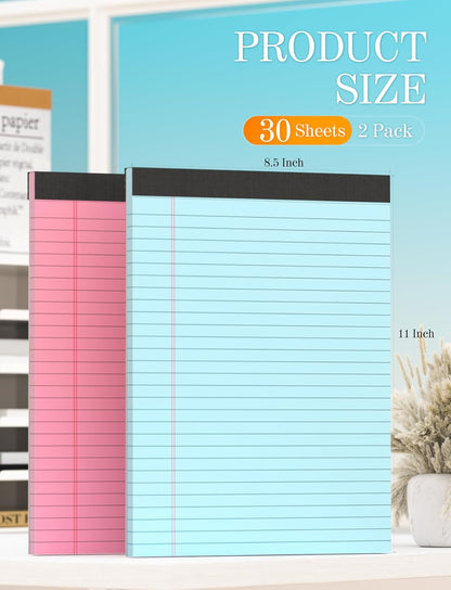 Colored Legal Pads 8.5 x 11, 2 Pack Pink Notebook Paper 8.5 x 11, Colored Note Pads 8.5 x 11 Notepad, Paper Pads 8.5 x 11 Writing Pads, Colored Lined Pads of Paper 8.5 x 11, Wide Ruled, 30 Sheets/Pad