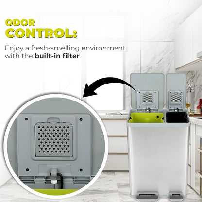 Simpli-Magic 60 Liter / 16 Gallon Rectangular Hands-Free Dual Compartment Recycling Kitchen Step Trash Can with Soft-Close Lid, Brushed Stainless Steel (40L + 20L Capacity)