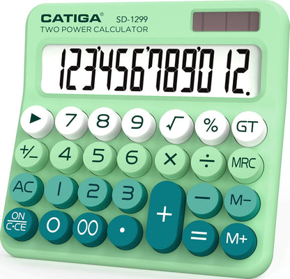 CATIGA Mechanical Switch Calculator with Solar and Battery Dual Power, 12-Digit Large LCD Display, Aesthetic and Cute Desktop Calculator with Big Button, for Home, School and Office Use, SD-1299