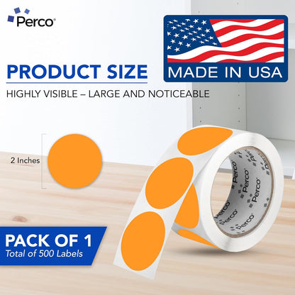 Perco Fluorescent Orange 2-Inch Round Circle Dot Sticker Labels with Easy Peel Perforation - 500 Labels per Roll - Strong Adhesion, Vibrant Colors for Organizing, Crafting & More - Made in USA