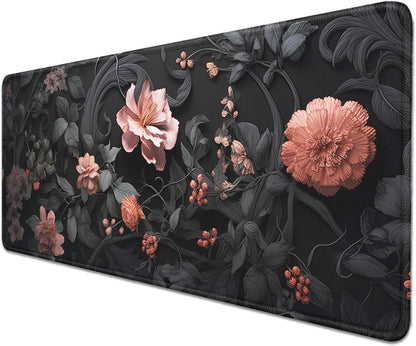 Black Art Flowers Mouse Pad,Large Vintage Floral Mousepad Desk Pad with Stitched Edges,Non-Slip Waterproof Rubber Base Mouse Mat for Office Computer Keyboard Laptop Home(27.5x11.8 in)