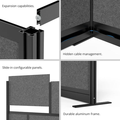 Stand Up Desk Store Expanse Modular Wall | 70'' x 70'' Wall | Expandable Partition Room Divider with Rearrangeable Frosted Acrylic & Sound Absorbent Panels (Black Frame)