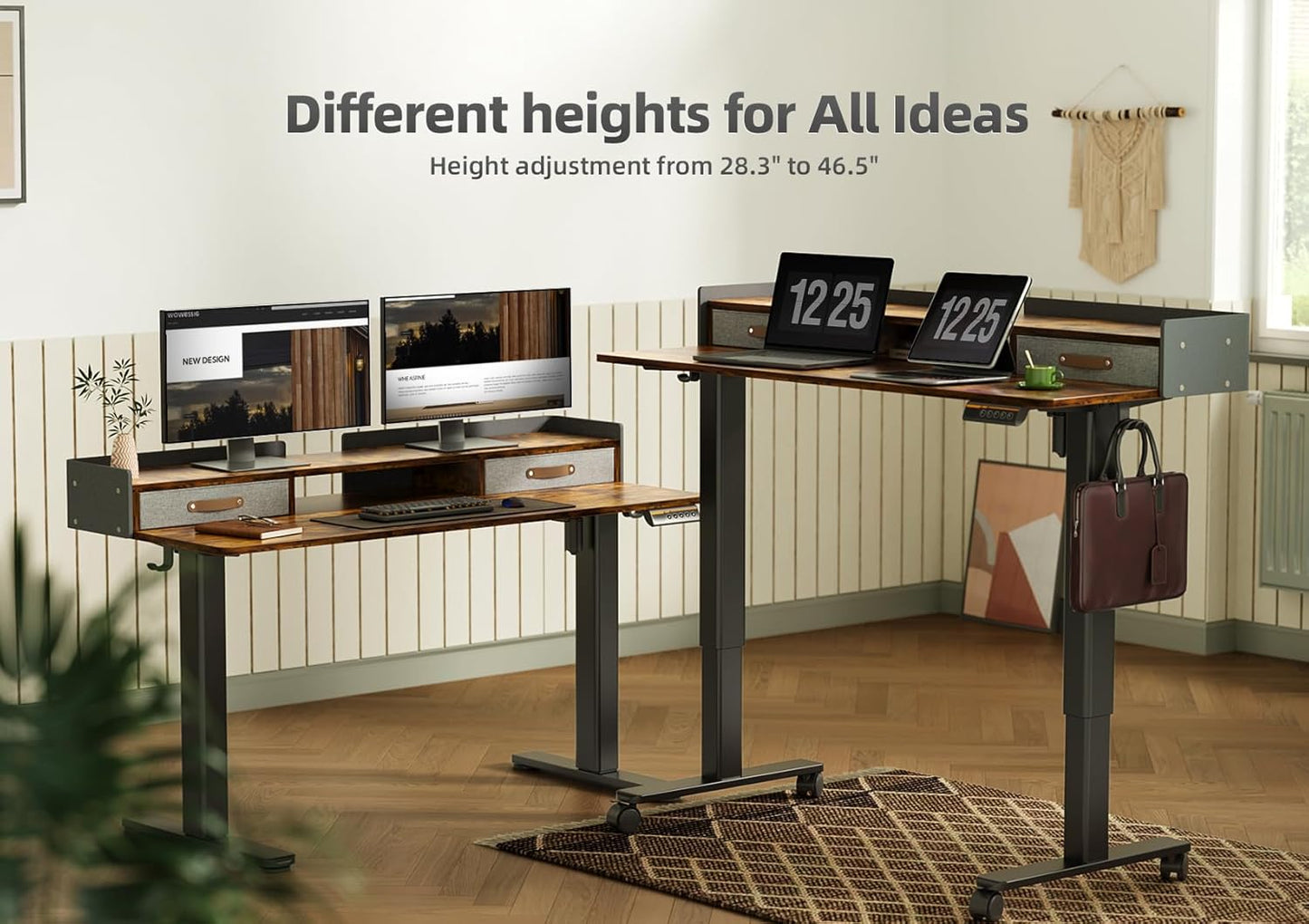 YDN Standing Desk with Drawers, 55 Inch Standing Desk Adjustable Height, Adjustable Electric Stand Up Sit Stand Small Desks with Storage and Shelf, Rustic Brown