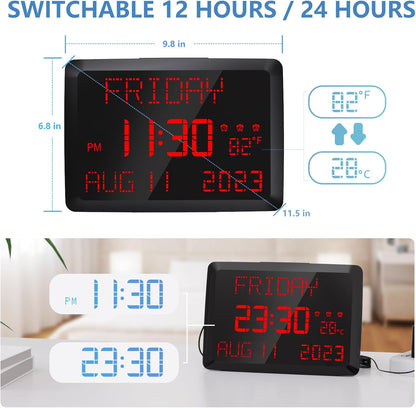 Raynic Digital Clock, 11.5" Large Display Digital Calendar Clock with Day and Date, Indoor Temperature, Adjustable Brightness, Snooze,12/24H, DST for Home, Office, Elderly