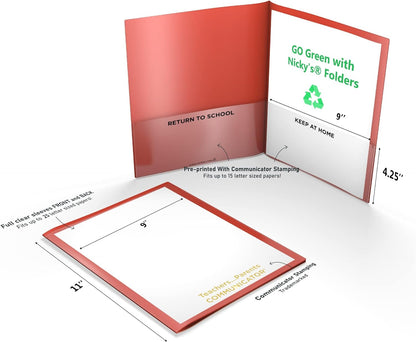 Nicky's Folders® English Communicator, Parent-Teacher Folder, Patented Tear-Resistant Flexible Plastic 2 Inside Pockets, 2 Exterior Sleeves, Letter Size Paper, Single Color(24 Pack) (Metallic Green)