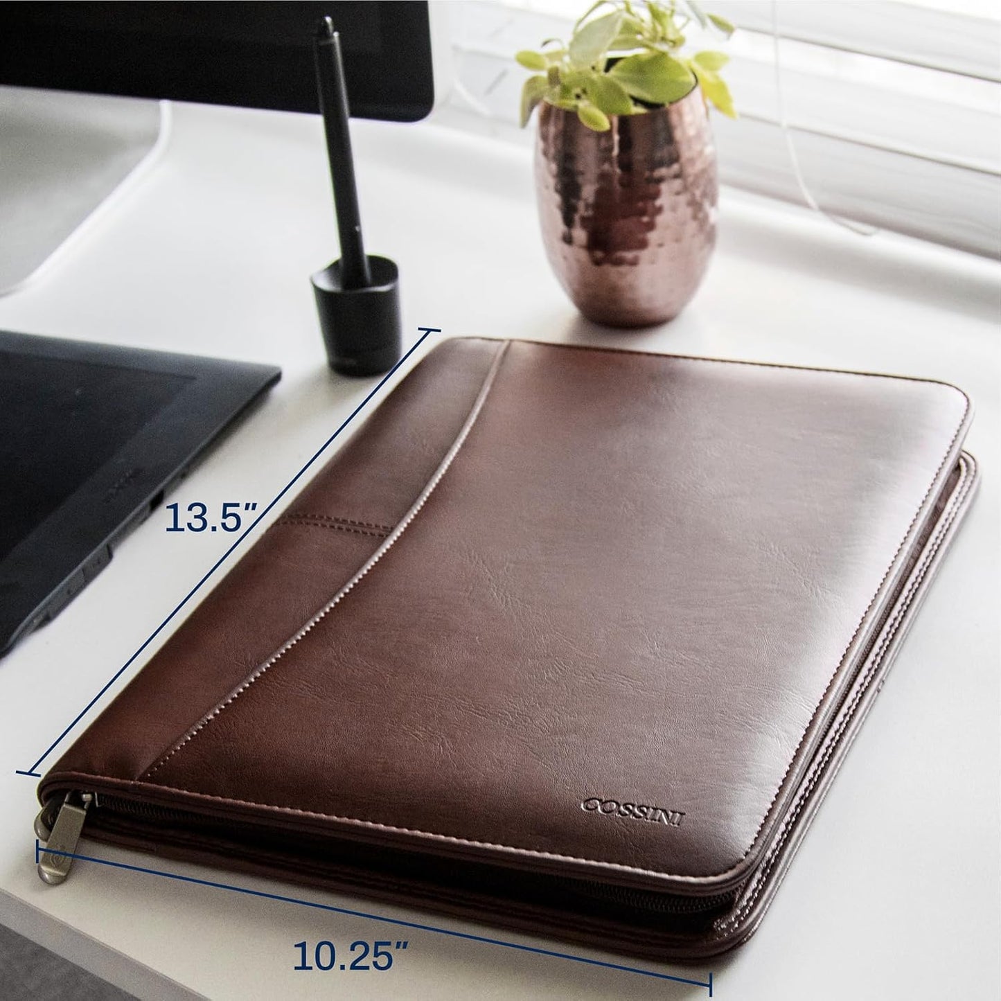 Cossini Premium Business Portfolio with Zipper – Padfolio - Superior Business Impressions Begin with PU Vegan Leather, 10.1 Inch Tablet Sleeve, Smart Storage, Solar Calculator, Writing Pad -Brown