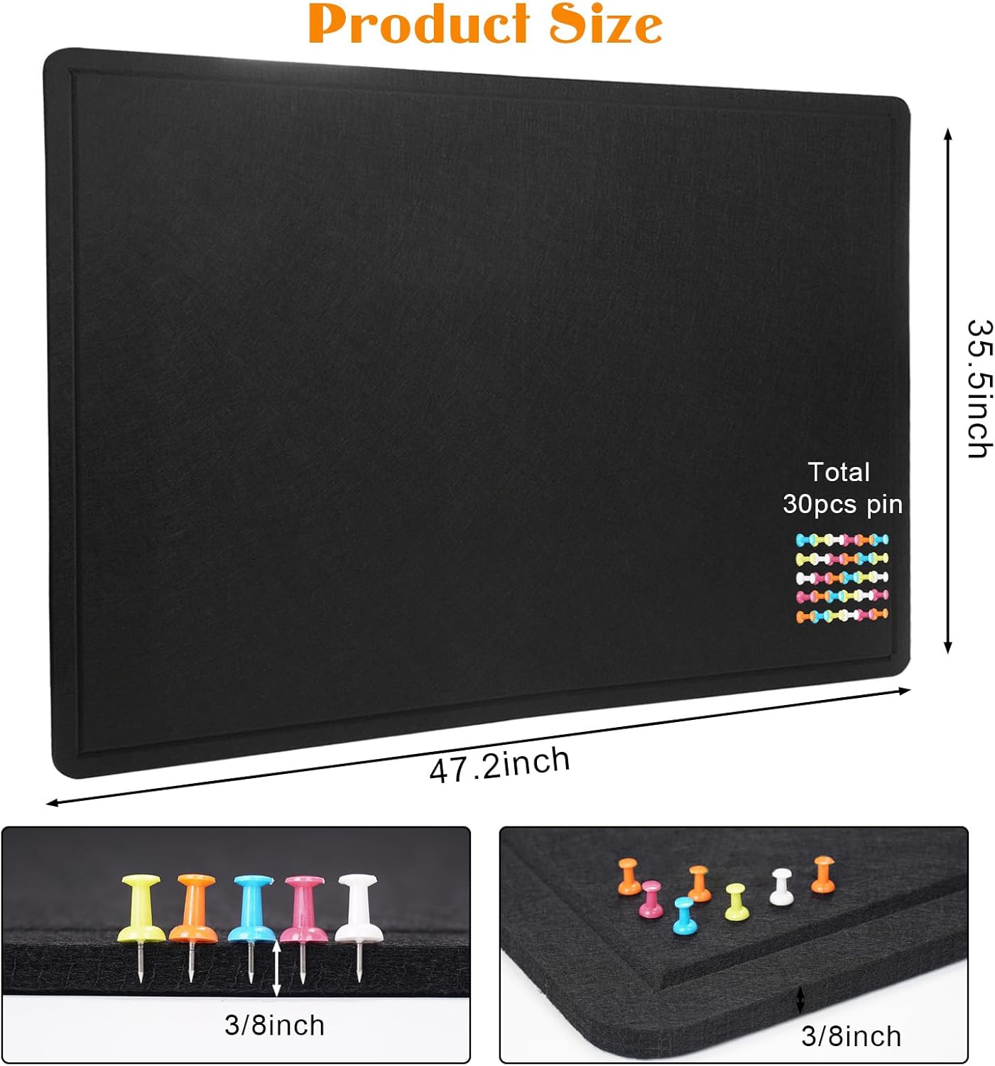 Large Bulletin Board, 48 X 36 inches Felt Board Notice Pin Board, 4' x 3'Cork Board Alternative for Wall, Self-Adhesive Vision Board Mood Board Foldable Photo Board with 30 Pushpin (Black)