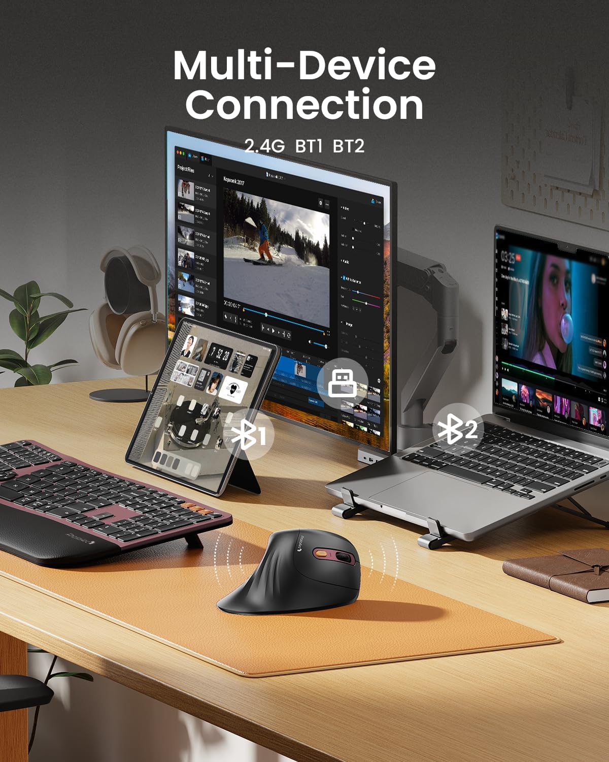 ProtoArc Ergonomic Vertical Mouse, EM11 NL Rechargeable Wireless Mouse Bluetooth, Ergo Mice with 3 Multi-Device for PC/Notebook/Laptop, 2.4GHz Optical Mice for Windows, Mac OS, Wine Red