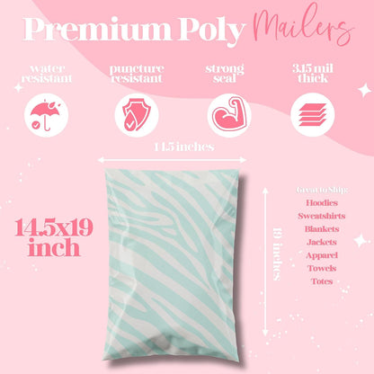 14.5x19 Designer Poly Mailer 100 Pack Heavy Duty Waterproof Self Seal Shipping Bags for Small Business Large Mailing Envelopes Bulk Tear Resistant Cute Packaging Mint Zebra
