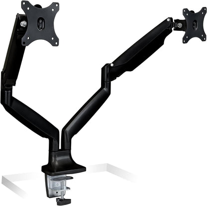 Mount-It! Dual Monitor Arm Mount | Desk Stand | Two Articulating Gas Spring Height Adjustable Arms | Fits 2 x 24 27 29 30 32 Inch VESA 75 100 Compatible Screens | C-Clamp and Grommet Bases (Black)