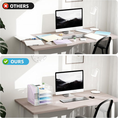 Marbrasse Desk Organizers and Accessories, 5-Tier Paper Letter Tray Organizer with File Holder, Mesh File Organizer, Office Desk Accessories & Organization for Supplies (White)