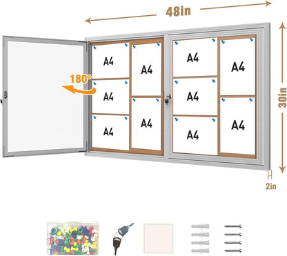 48"x30" Enclosed Bulletin Board, Outdoor Lockable Weather-Resistant Aluminum Cork Noticeboard for School & Office, Silver Frame w/Cork