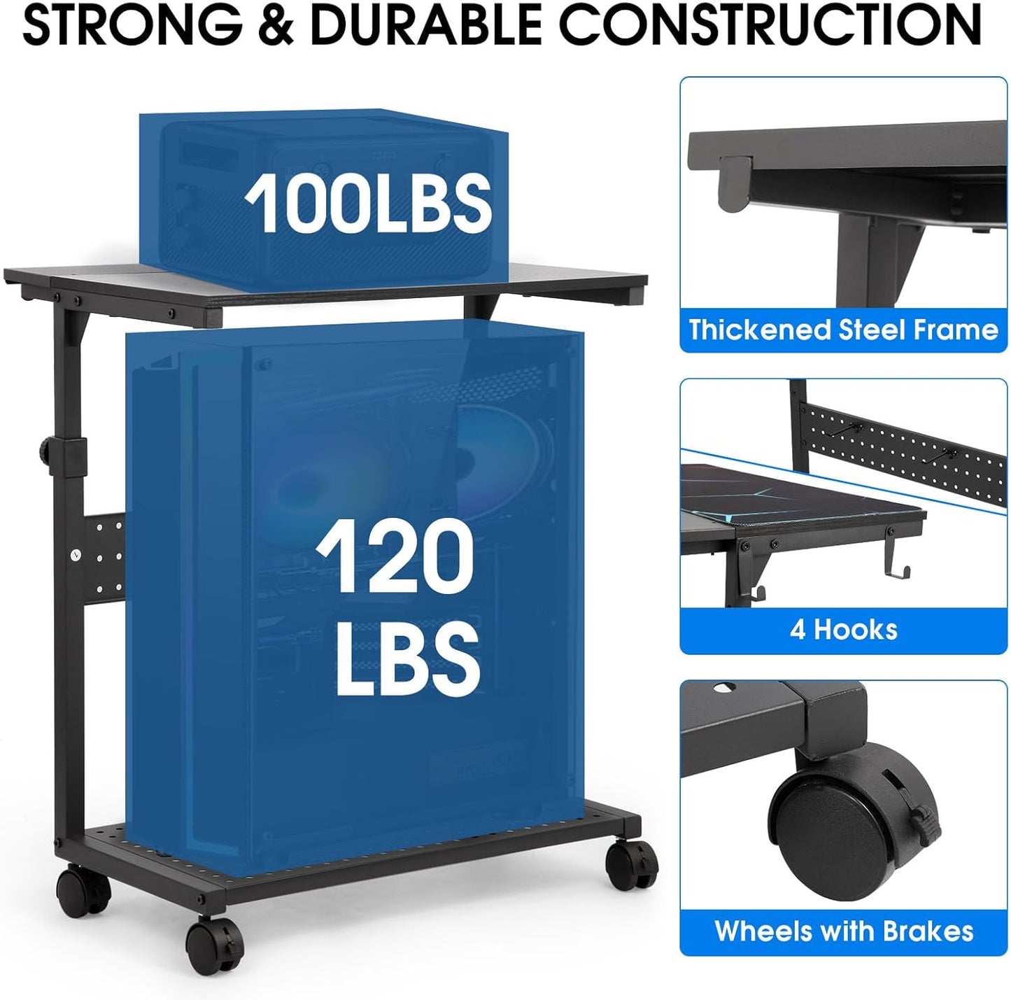 KEBE Wider Tower Stand, Height Adjustable Computer Tower for Gaming Home Office, 2-Tier PC Stand Printer Rack ATX-Case CPU Holder Cart with Wheels & Mouse Pad, Black