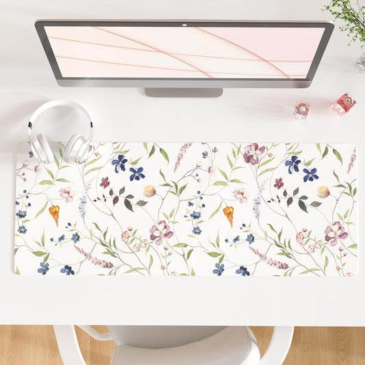 QIYI Floral Mouse Pad, Large Desk Mat for Desktop, Women Girls Watercolor Flowers Office Décor Desk Accessories, PU Leather Waterproof Gaming Mousepad, Wildflowers Desk Pad Computer Mat, 31.5" x 11.8"