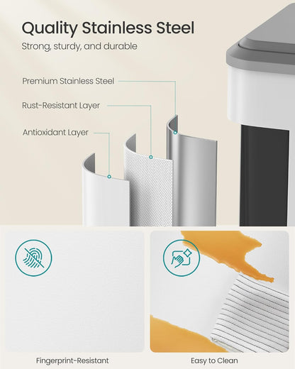 SONGMICS Trash Can, 2 x 8 Gallon (2 x 30 L) Double Garabge Can for Recycling and Waste, Stainless Steel, Soft-Close Lid, Inner Buckets, Wide Sturdy Pedal, Cloud White ULTB556W01