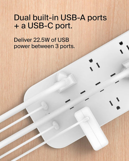 Belkin 12-Outlet Surge Protector Power Strip w/ 12 AC Outlets, 2 USB-A Ports and 1 USB-C Port, 6ft Cable, UL-listed w/ Overload & Overvoltage Protection + On/Off Switch - 3,480 Joules of Protection