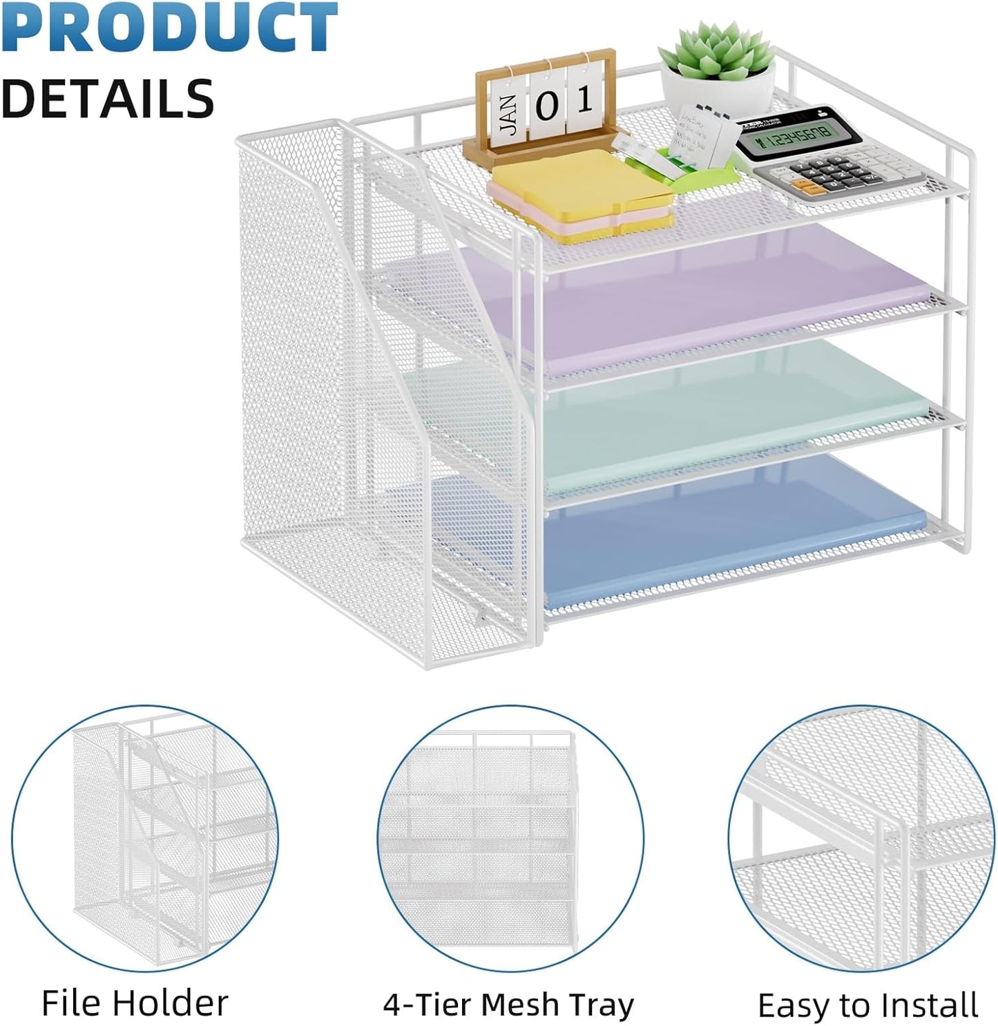 Marbrasse Desk Organizer and Accessories，4-Tier Paper Letter Tray Organizer with File Holder，Desk Accessories & Workspace Desktop Organizers for School Home Office Supplies (White)