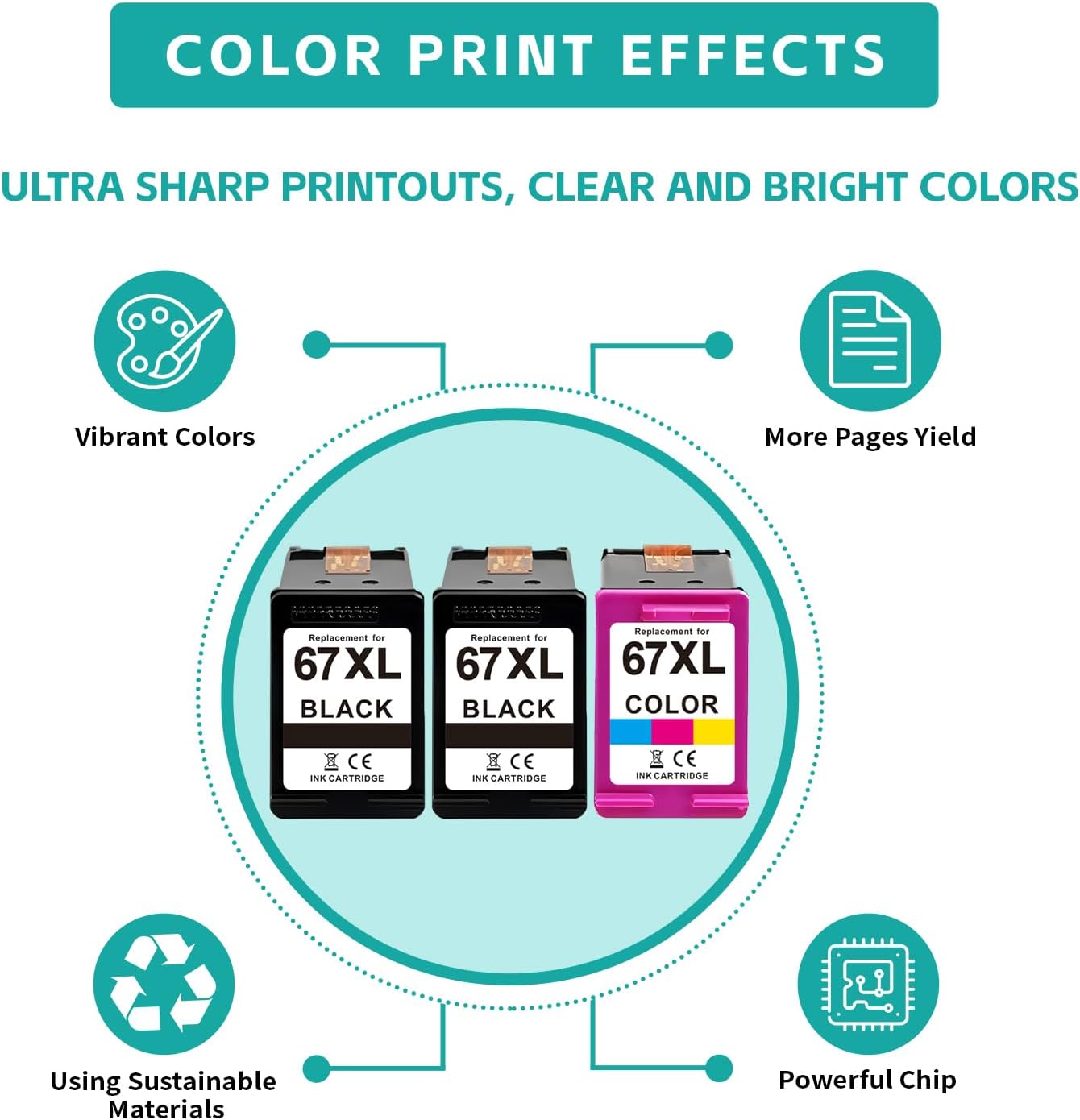 Compatible -Hp Ink 67xl Black and Color Combo Pack New, Hp Envy 6455e Ink Cartridges, 67xl High Yield 3-Pack (2 Black+1 Tri-Color), for Deskjet 2700/4100, Deskjet Plus 4100/4155 (Not for HP+)