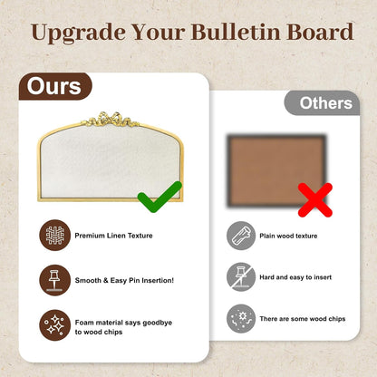 Vintage Arched Linen Cork Board with Gold Bowknot – Decorative Bulletin Board for Walls, Iron Frame Pin Board for Notes, Photos & Reminders, Elegant Vision Board for Home & Office 24"x 15"