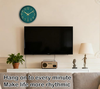 Silent Wall Clocks Battery Operated 8 Inch, Analog Wall Clock with Large Number Tempered Glass Clock Face, Dark Green Quartz Non Ticking Wall Clocks for Living Room Bedroom Kitchen Office