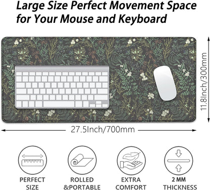 Dark Green Plant Desk Pad Mouse Pad,Vintage Green Fern Leaves Mouse Mat with Stitched Edges,Non-Slip Rubber Base Mousepad for Office PC Keyboard Laptop and Home Work Desk Mat(27.5X11.8 in)