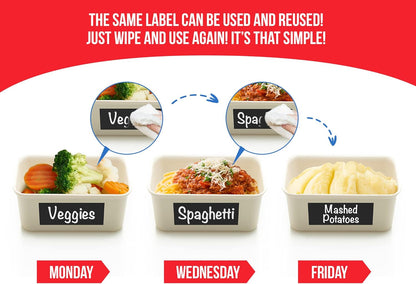 MESS Reusable Chalkboard Labels for Food Containers, 96-Pack (1x3 & 1.5") – Erasable Dry Erase Stickers – Removable Kitchen Labels for Fridge, Freezer & Organizing