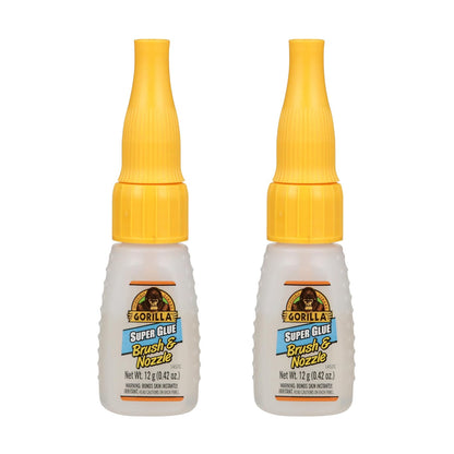 Gorilla Super Glue with Brush & Nozzle Applicator, Clear Glue, 12 Gram (Pack of 2) - All Purpose and Fast Setting for Projects and Repairs