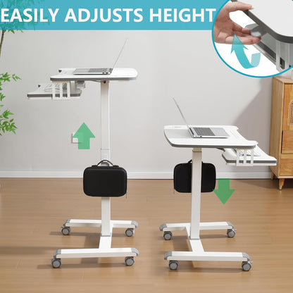 ETHU Mobile Standing Desk with Keyboard Tray,Computer Workstation, Height Adjustable Laptop cart on Wheels Rolling Desk for Home Office(White)