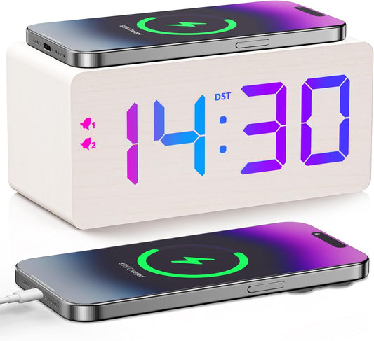 Wooden Digital Alarm Clock with Fast Wireless Charger, Dual USB Charging Ports, DST, Dimmable, Snooze, RGB Large Number Display LED Clock for Bedrooms, Living Room, Desk, Table, Bedside(White)