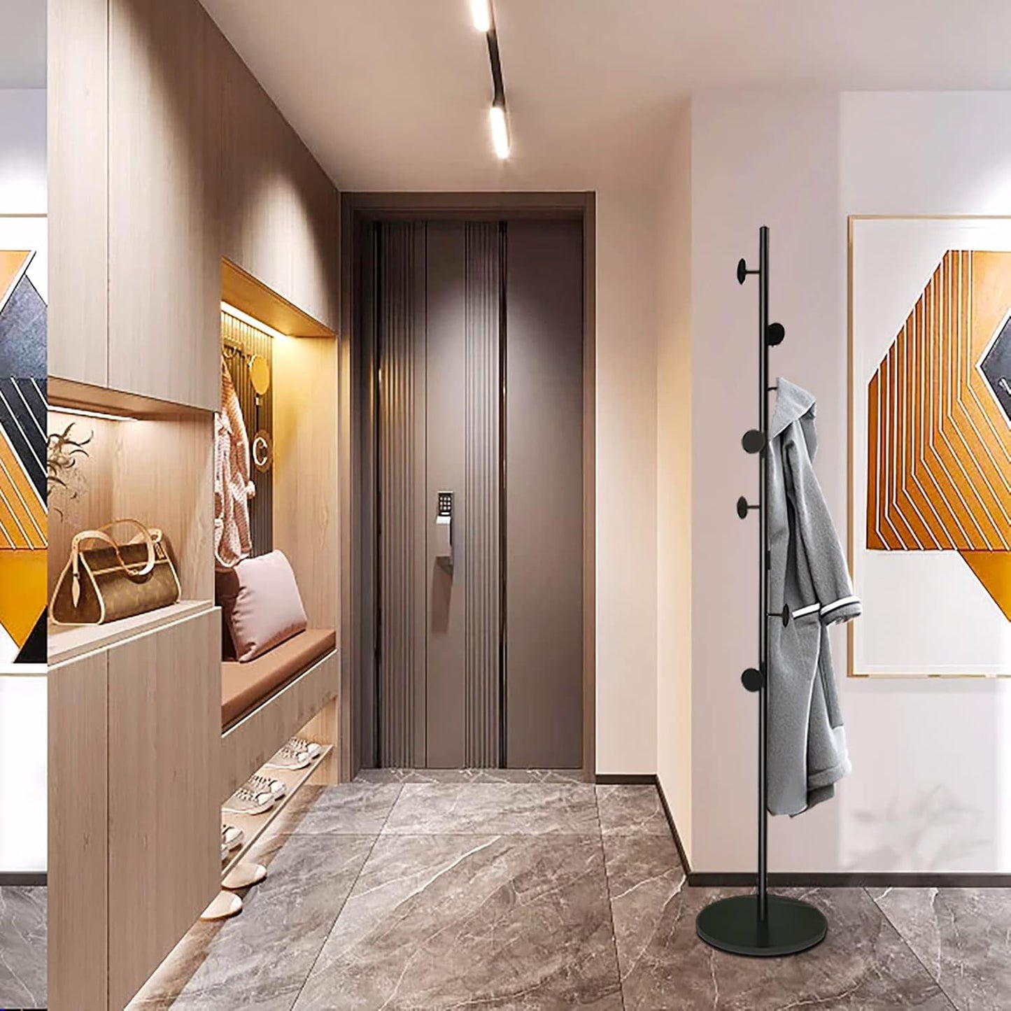 Coat Tree Freestanding, Metal Coat Rack Tree with 8 Hooks, Free Standing Hanger for Hats Scarves Purses Umbrellas, Coat Stands with Stable Base for Entryway Bedroom, Black