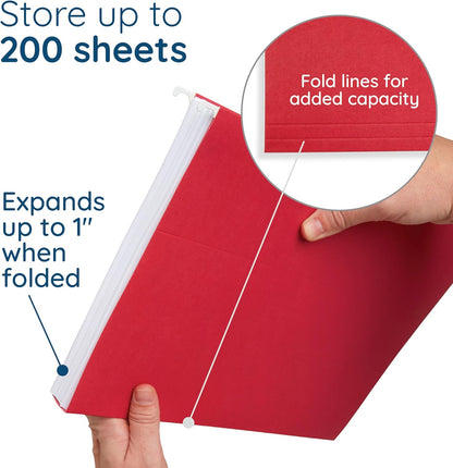 25 Blue Summit Supplies Red Hanging File Folders Letter Size – Durable 11pt Paper, Plastic Tabs and Inserts Included, Fits Standard Filing Cabinets and Desktop Organizers