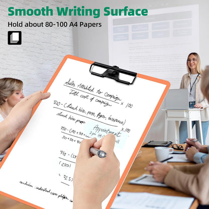 Orange Clipboard with Pen Holder, 2 Pack Plastic Clipboard with Low Profile Metal Clip, Hanging Clipboards Holds 8.5x11 Inch Papers, Standard A4 Letter Size Clip Board for Office & School