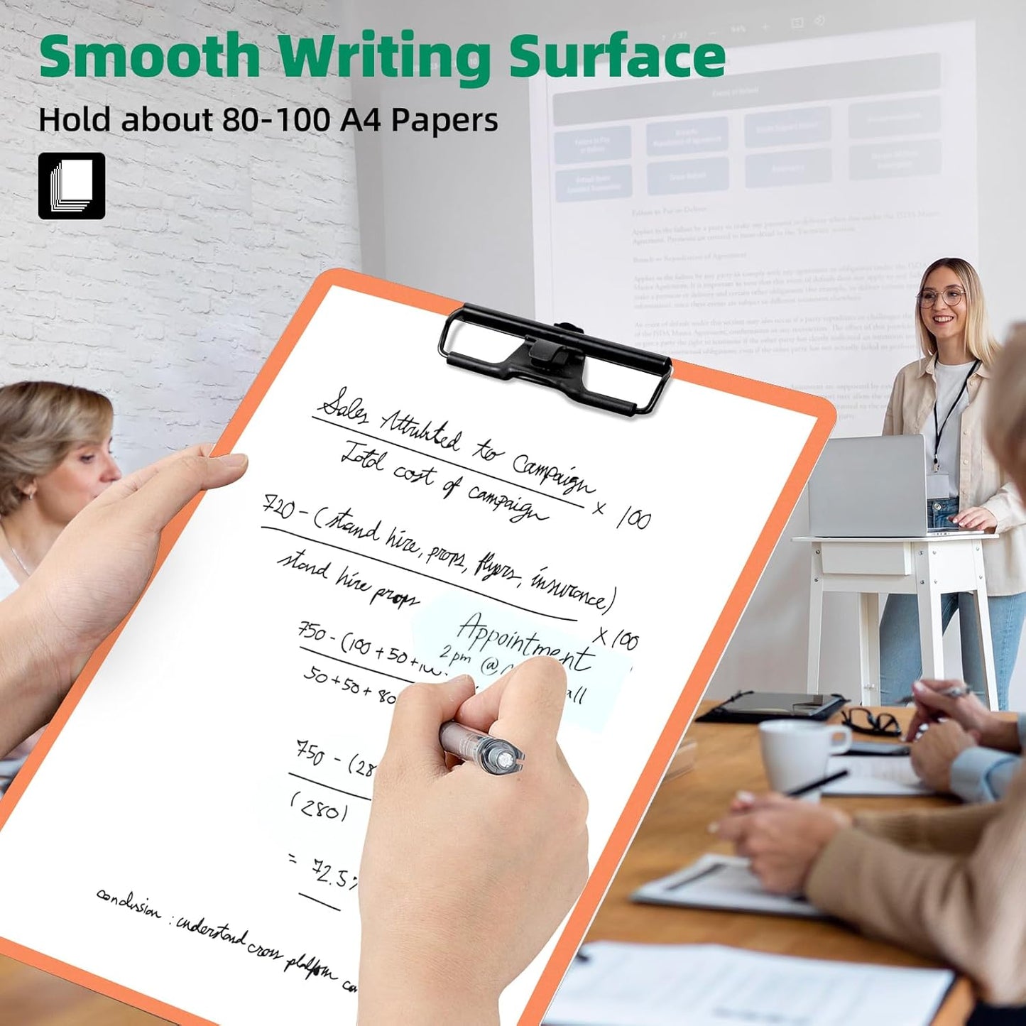 Clipboard with Pen Holder, Plastic Clipboard with Low Profile Metal Clip, Hanging Clipboards Holds 8.5x11 Inch Papers, Standard A4 Letter Size Clip Board for Office & School, Orange